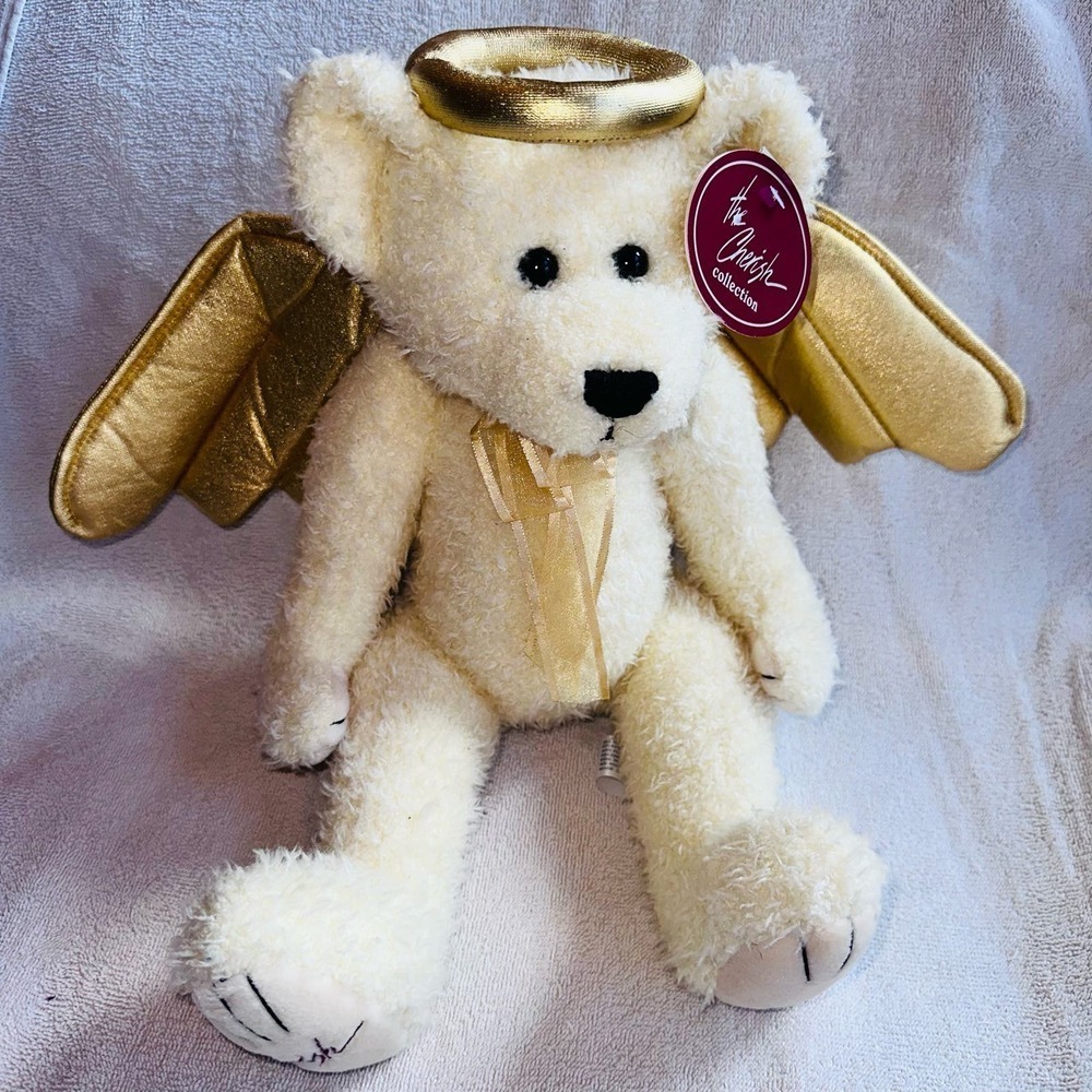 NWT SKM Cherish Collection Angel Bear Gold Wings Halo Plush Stuffed Animal 16”